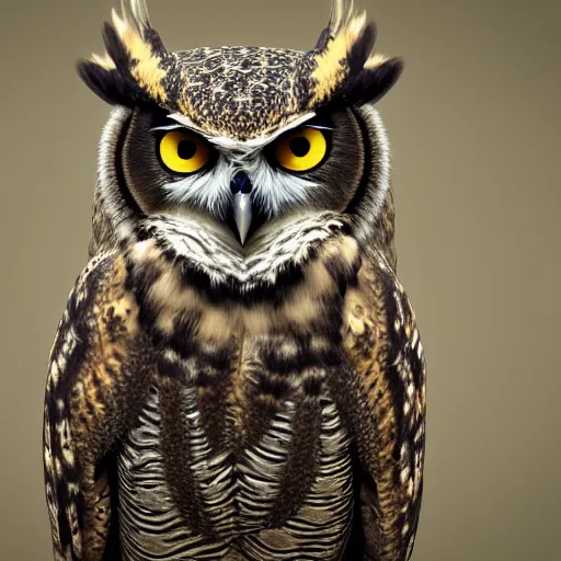 Prompt: a great horned owl with eyeglasses, intricate detail, klimt, octane render, unreal engine,