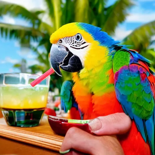 Prompt: A portrait photo of a parrot sipping a fruity drink through a straw in Margaritaville