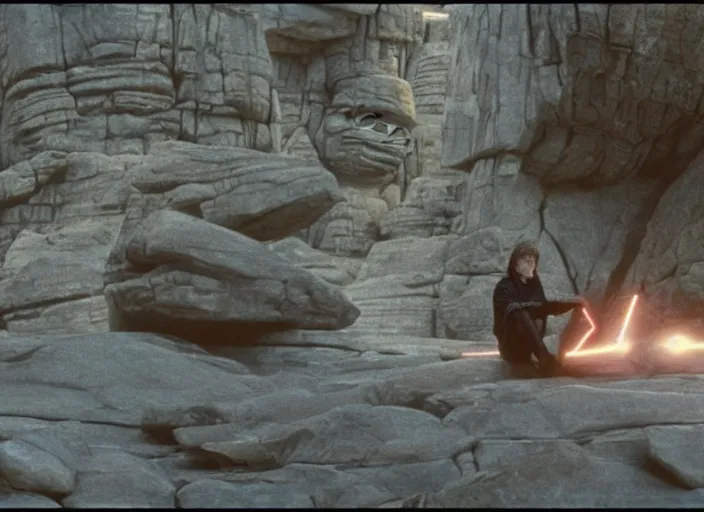 Image similar to screenshot of Luke Skywalker, played by Mark Hammill, sitting down surrounded by rocks hovering in mid-air, outside on the rocky jedi temple, iconic scene from the force awakens, 1980s film directed by Stanley Kubrick, great portrait of Mark Hammill, cinematic lighting, kodak, strange, hyper real, stunning moody cinematography, with anamorphic lenses, crisp, detailed portrait, 4k image