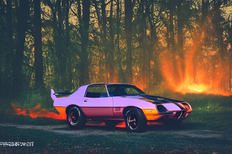 Image similar to pontiac firebird with glowing paint, sunrise, eerie light, fireflies, pokemon, pokemon, dramatic, cinematic, forest, sunbeams, volumetric lighting, wide shot, low angle, lightning hitting the car