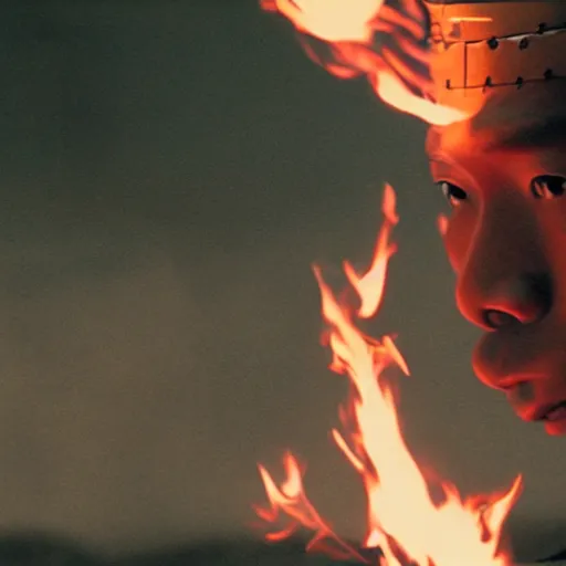 Image similar to cinematic film still Pharrell Williams starring as a Samurai holding fire, Japanese CGI, VFX, 2003, 40mm lens, shallow depth of field,film photography