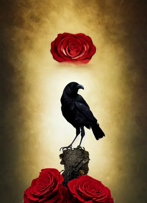 Image similar to red and golden color details, empty space at the top of the image, portrait, A crow with red eyes in front of the full big moon, book cover, red roses, red white black colors, establishing shot, extremly high detail, foto realistic, cinematic lighting, by Yoshitaka Amano, Ruan Jia, Kentaro Miura, Artgerm, post processed, concept art, artstation, raphael lacoste, alex ross, portrait, A crow with red eyes in front of the full big moon, book cover, red roses, red white black colors, establishing shot, extremly high detail, photo-realistic, cinematic lighting, by Yoshitaka Amano, Ruan Jia, Kentaro Miura, Artgerm, post processed, concept art, artstation, raphael lacoste, alex ross