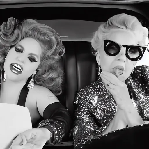 Image similar to carpool karaoke lady gaga and judy garland, highly realistic, highly detailed, high resolution, 8 k 4 k,