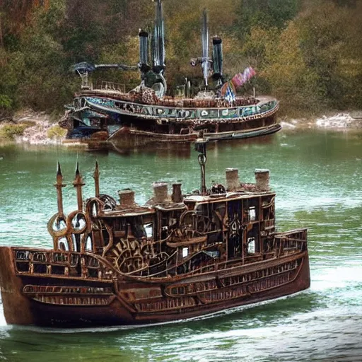 Image similar to a steampunk boat chugging down a river