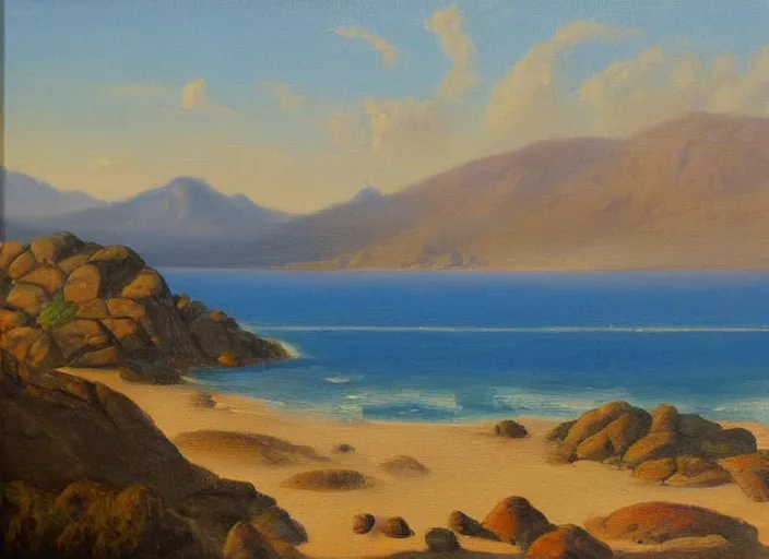 Image similar to baja california bay in the style of hudson river school of art, oil on canvas
