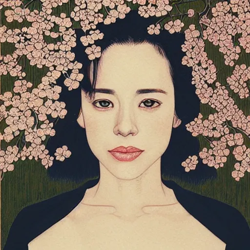 Image similar to “ rachel mcadams portrait by ikenaga yasunari and ayana otake and ko rakusui, drawing, realistic, sharp focus, japanese, dreamy, nostalgia, faded, golden hues, floral clothes ”