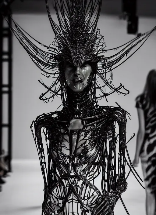 Image similar to walking down the catwalk, ben watts, show, stage, vogue photo, podium, fashion show photo, iris van herpen, beautiful woman, full body shot, helmet on face, masterpiece, plant predator, giger, guyver, jellyfish, biomechanical details, movie still, fauvism, cinestill, bokeh, gelios lens