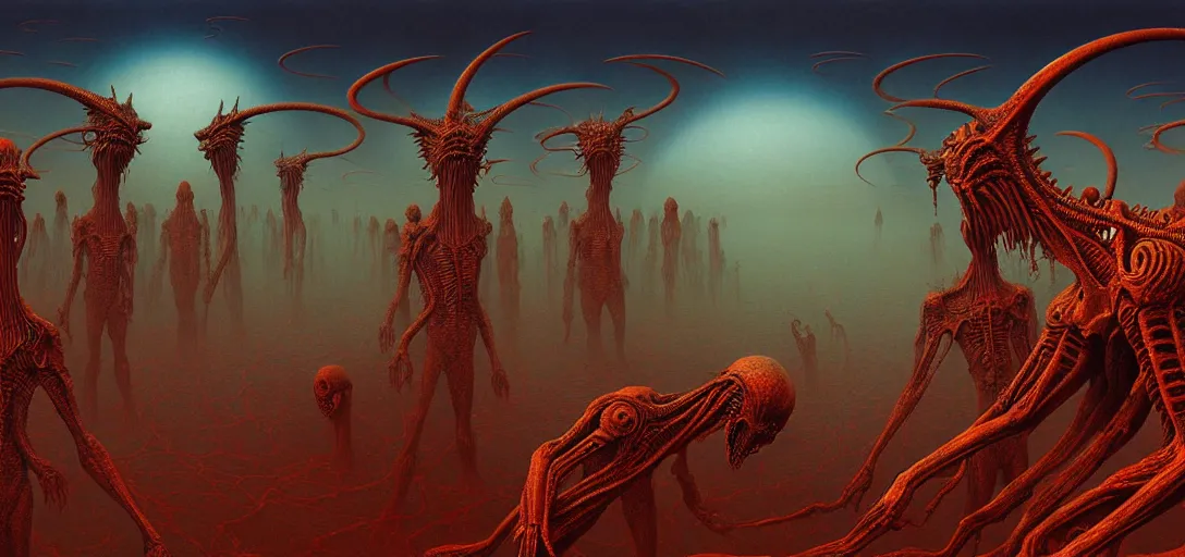 Prompt: hellish alien creatures on an alien world, artstyle Zdzisław Beksiński, very intricate details, high resolution, 4k