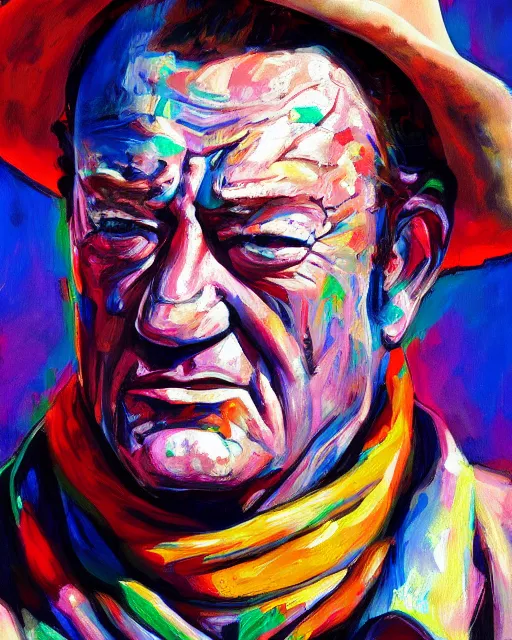Prompt: a head and shoulder portrait of John Wayne painted in the colorful and expressive style of Kotwdq, trending on Artstation 8k photorealistic