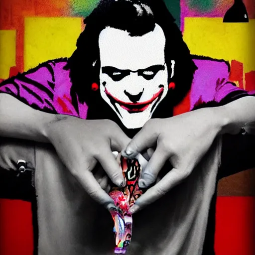 Image similar to mimmo rottela and banksy as joaquin phoenix skinny joker holding hand lady gaga harley queen, photorealistic, intricate details, pop art style, concept art, confident, love, random object movement, 3 colors, 4 k, 4 d, ultra smooth, sharp focus