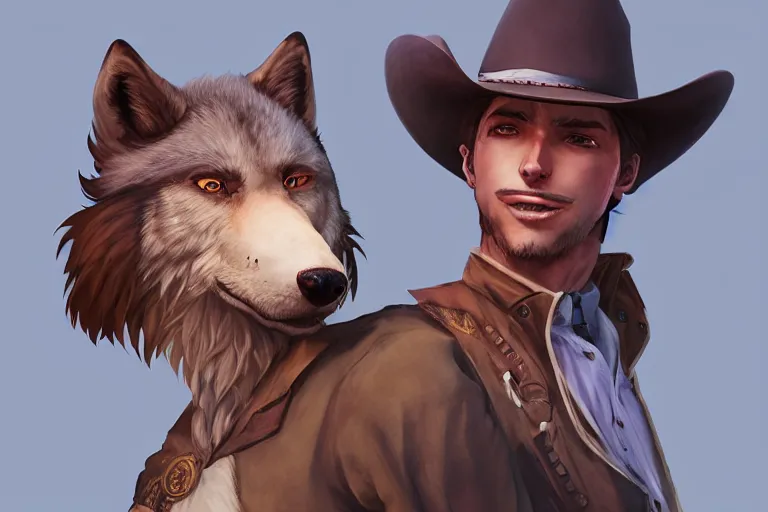 Image similar to character portrait icon of the anthro anthropomorphic of the male anthropomorphic wolf fursona wearing cowboy outfit wild west character design by charlie bowater, ross tran, artgerm, and makoto shinkai, detailed, soft lighting, rendered in octane