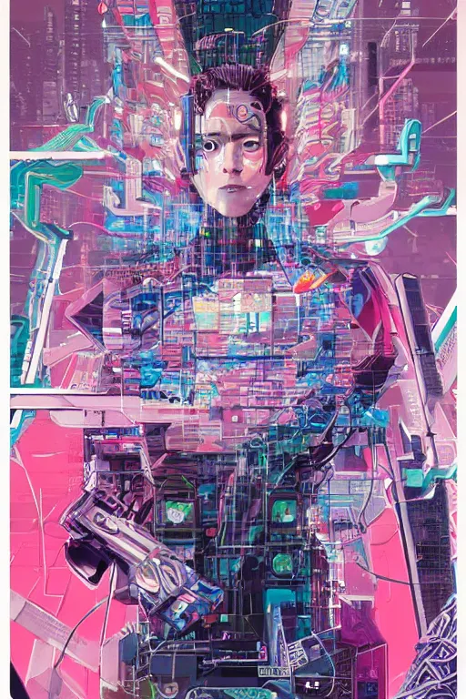 Image similar to 1 9 8 9 portrait of a japanese netrunner jacked into a cyberdeck. highly detailed masterpiece art by josan gonzalez.