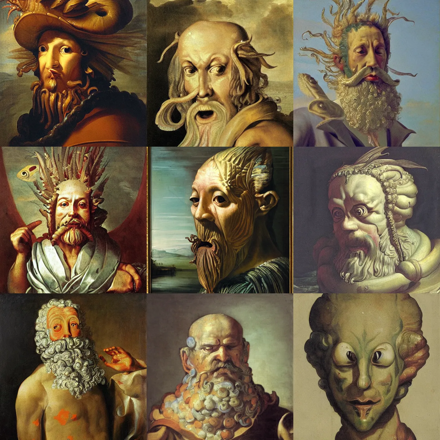 Prompt: fish man, baroque painting, head is fishy, smug