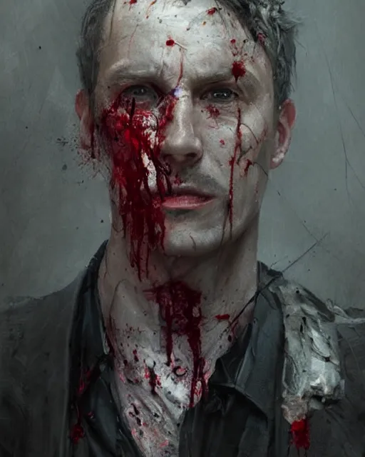 Prompt: A hyper realistic oil portrait of a man in his 40s dressed like a priest, torn clothes, covered in wounds, blood on clothes, by Greg Rutkowski, creepy atmosphere, gloomy lighting, trending on artstation