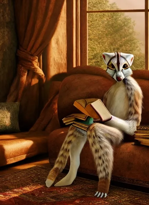 Prompt: A beautiful scene from a 2022 fantasy film featuring a humanoid genet wearing loose white clothing reading an ancient tome on a couch. An anthropomorphic genet. Golden hour.