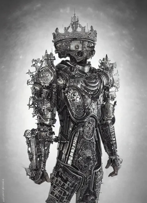 Image similar to old wetplate daguerreotype frame portrait of a futuristic silver armored king arthur emperor district 9 cyborg, fractal, intricate, elegant, highly detailed, subsurface scattering, by jheronimus bosch and greg rutkowski and louis jacques mande daguerre