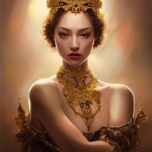 Prompt: expressive oil painting, of alluring european princess, seductive look, smooth glowing skin, glistening body, love, adoration, ornate headpiece and arm band made from beads, glamour shot, by yoshitaka amano, by greg rutkowski, by jeremyg lipkinng, by artgerm, digital art, octane render, fine white dress