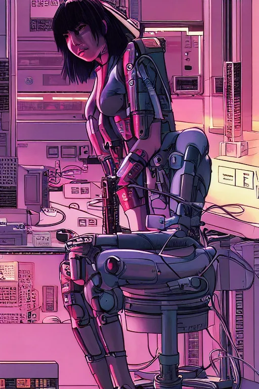 Prompt: cyberpunk illustration of motoko kusanagi seated in the lab, with wires and cables coming out of her head and back, by moebius, masamune shirow and katsuhiro otomo, colorful, detailed, side view