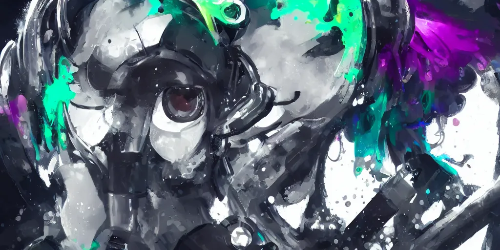 Prompt: portrait splatoon nintendo one character digital painting no blur, concept art, character sheet nier automata 2 d, yoji shinkawa, yoshitaka amano, tsutomu niehi, cyberpunk, trending on artstation, featured on pixiv, hyper detail, cinematic composition, 8 k