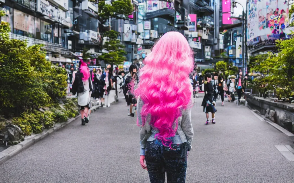 Image similar to a full body portrait of a harajuku girl with pink hair , in the background is Shinjuku Tokyo, daytime Ghibli studio, Bokeh, depth of field ,