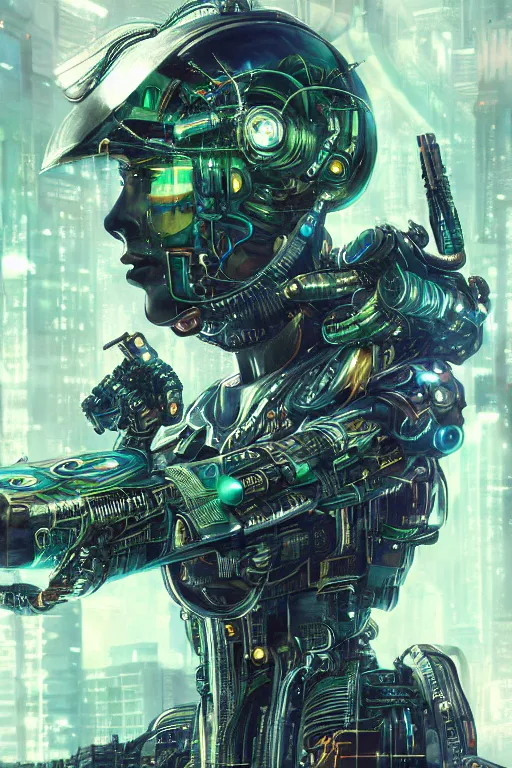 Prompt: Portrait of a cyberpunk sci-fi cyborg, third person, D&D, sci-fi fantasy, pistons and bolts, intricate, green and gold, highly detailed, art by Range Murata, highly detailed, 3d, octane render, bright colors, digital painting, trending on artstation, sharp focus, illustration style of Stanley Artgerm, background in a cinematic matrix style