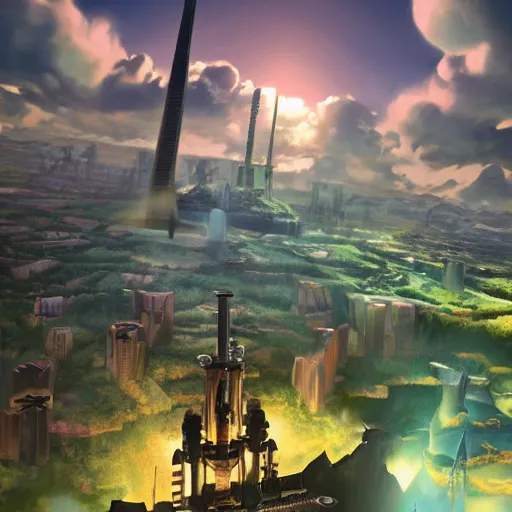 Prompt: landscape art of gaia, world of final fantasy vii, with midgar in the background, high detail, trending on artstation