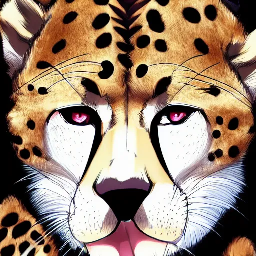 Image similar to modern anime portrait an anthro male cheetah furry fursona in an elegant outfit, handsome anime eyes, key anime visuals with anime environmental background