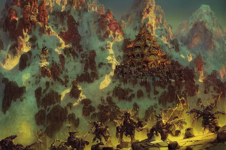 Prompt: skeleton horde attacking a tibetian temple in the mountains, beautiful day, concept art, beautiful, by maxfield parrish, by gustave dore, by peter mohrbacher, by alphonse mucha, sharp focus, vivid color, rainbowshift, octane render, cgi, rule of thirds