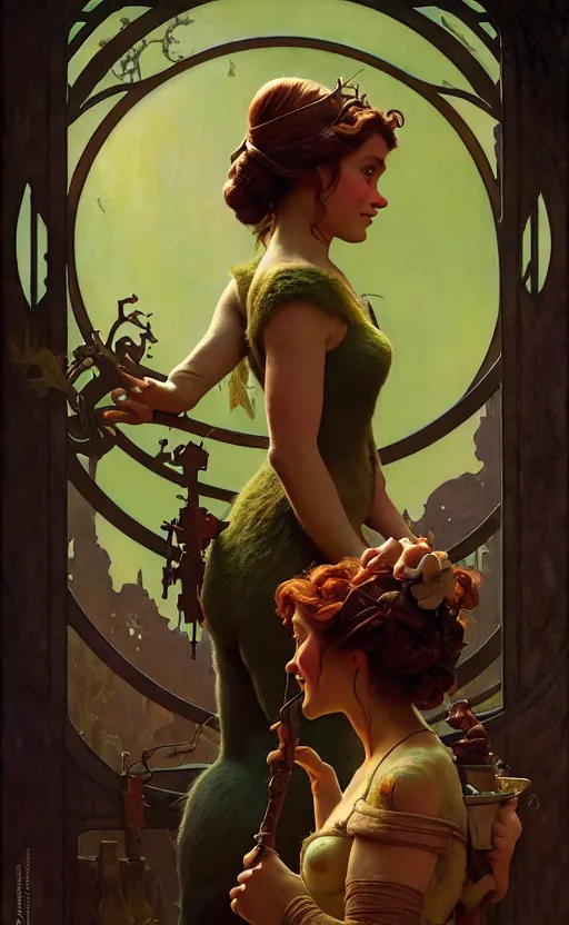 Prompt: shrek, gorgeous lighting by weta studio, mucha, bautista and norman rockwell and greg rutkowski and tom bagshaw and james gurney and lucasfilm