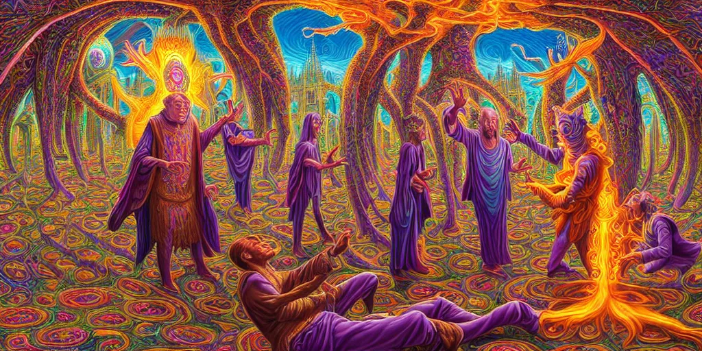 Image similar to hyper detailed portrait of a dmt spirit guide greeting a lost psychonaught, friendly dmt time elves, cathedral background, masterpiece composition, 8 k resolution, ultra fine illustration, alex grey, todd schorr, casey weldon, tokio aoyama, highly detailed,