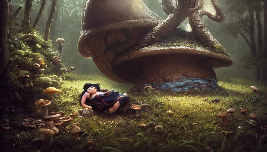 Image similar to dwarf resting under mushroom, by ilya kuvshinov, rtx rendering, octane render 1 2 8 k, maya, extreme high intricate details by tom bagshaw, medium shot, close up shot, composition by sana takeda, lighting by greg rutkowski