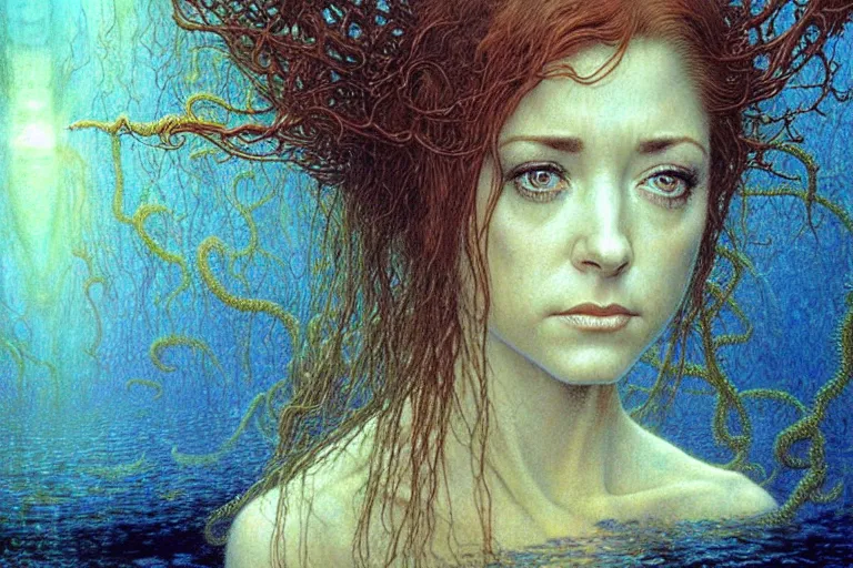 Image similar to cute young alyson hannigan with short hairs in lovecraftian underwater realm by jean delville by luis royo and wayne barlowe, beksinski