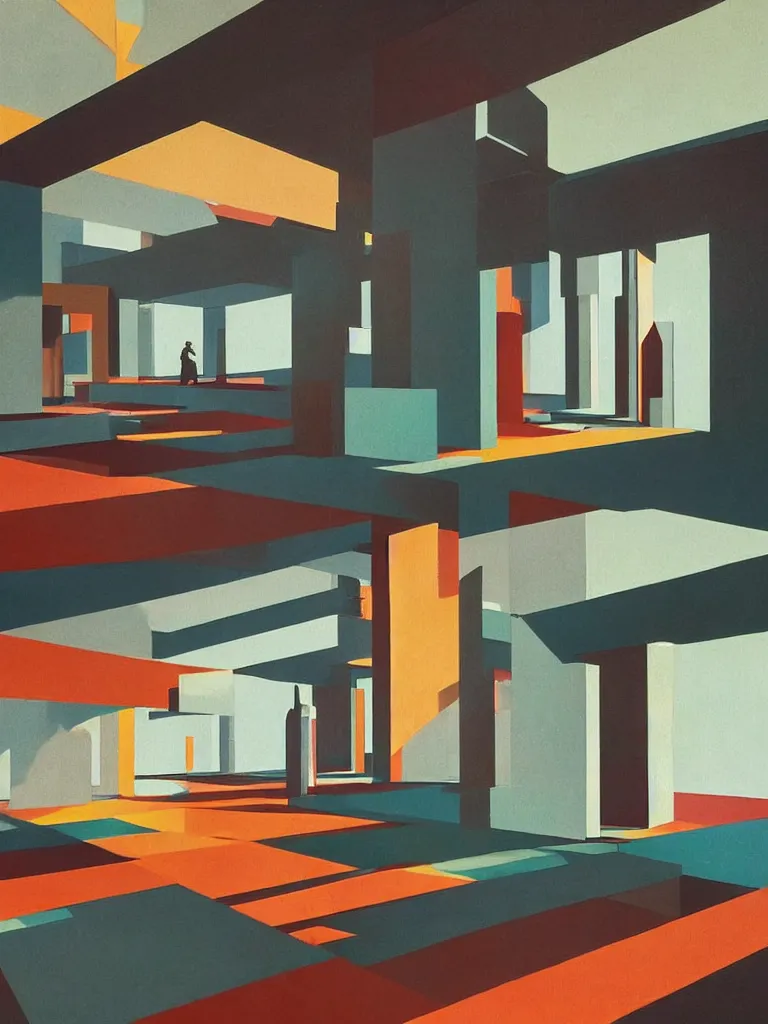 Image similar to colorful minimalist industrial interior bauhaus floors with monolithic pillars in the style of ridley scott and stanley kubrick, impossible stijl architecture, lone silhouette in the distance, ultra wide angle view, cinematic, god rays, volumetric lighting, realistic detailed painting by edward hopper