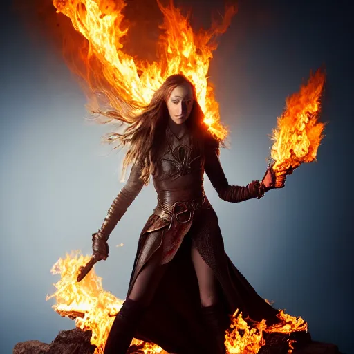 Image similar to full body of alycia debnam carey as a pyromancer , aruze colour aura, dreamwalker, EOS R5, f/2.8, HDR, studio light, medium close shot, dynamic pose, award winning photograph, Michelangelo style