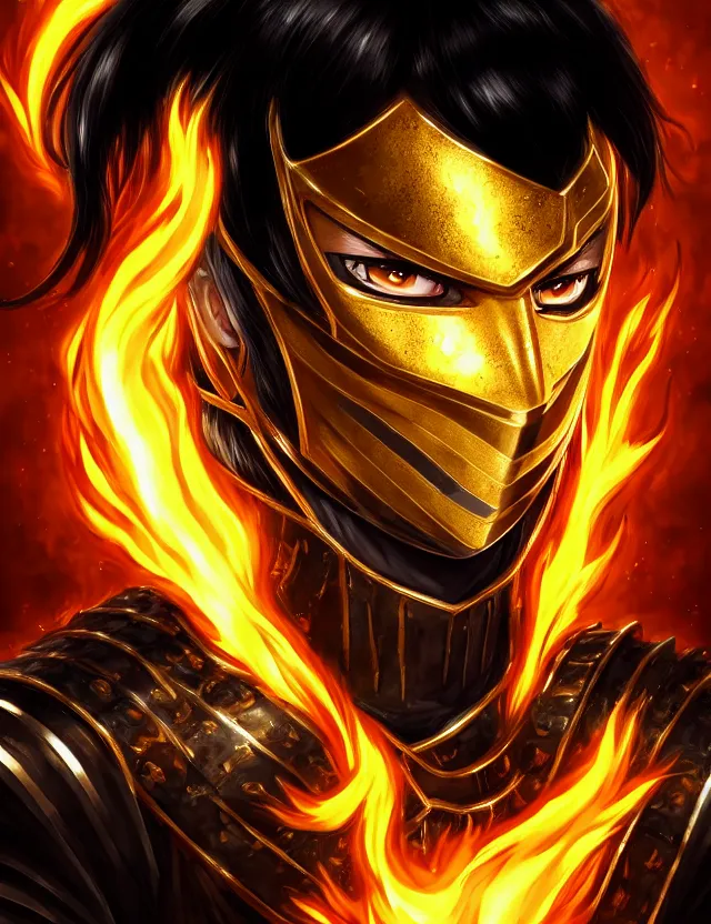 Image similar to a detailed manga portrait of a black haired man with hazel eyes in gleaming golden armour that burns with golden fire, trending on artstation, digital art, 4 k resolution, detailed, high quality, sharp focus, hq artwork, coherent, insane detail, character portrait