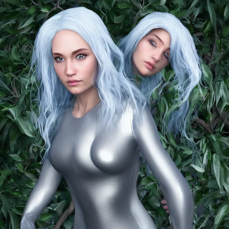 Prompt: “hyperrealistic ultra detailed unreal engine 5 RTX raytracing nvidia hairworks render of portrait of the most beutiful girl with blue eyes and white hair. She is in heavens garden. She has amazing silver jevelery. Nose piercing. Silver Latex catsuit Rainbow”