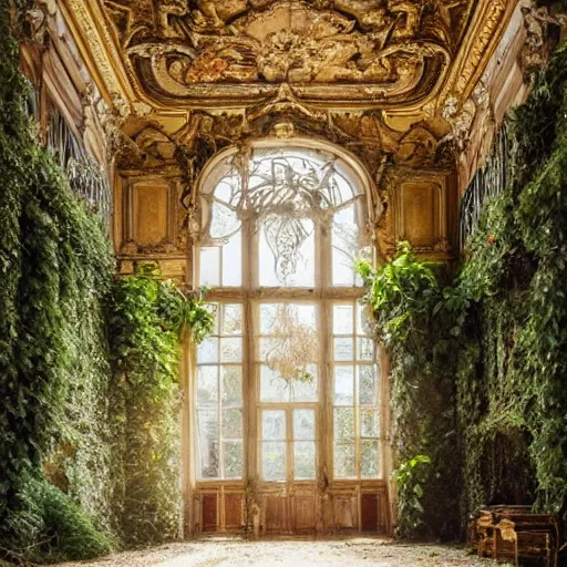 Image similar to a dream about inside opulent abandoned overgrown Palace of Versailles, lush plants growing through the floors and walls, walls are covered with vines, beautiful, dusty, golden volumetric light shines through giant broken windows, rich with epic details and dreamy atmosphere