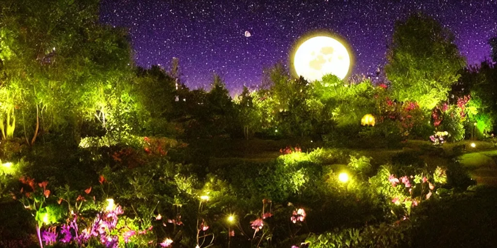 Prompt: magical garden at night, big moon