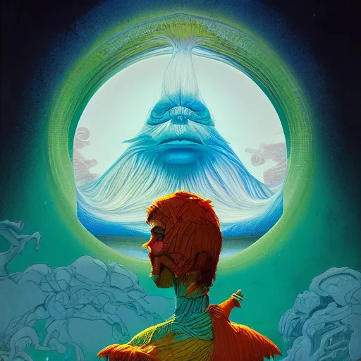 Image similar to colourful breathtakingly weird beautiful powerful magical wonderfully majestic beautifully cool character by michael whelan and moebius and beeple and dan mcpharlin and pascal blanche and jamie hewlett and richard dadd, symmetrical, serene expression, magical stormy reflections, smoke on water, 8 k artstation