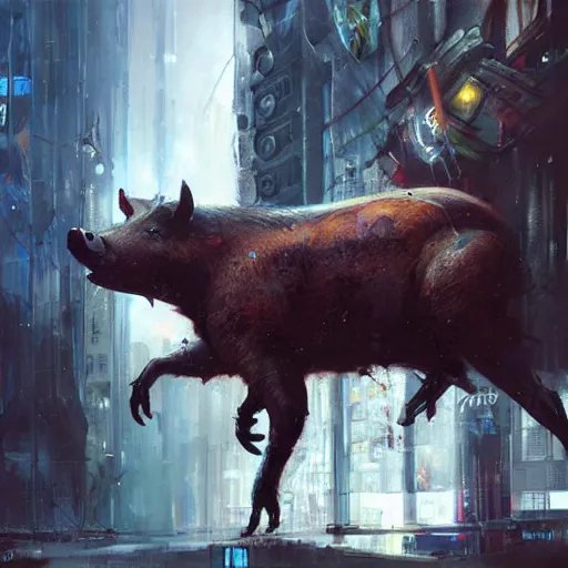 Prompt: a wild boar, painting by Raymond Swanland, cyberpunk, sci-fi cybernetic implants hq, Cadaques