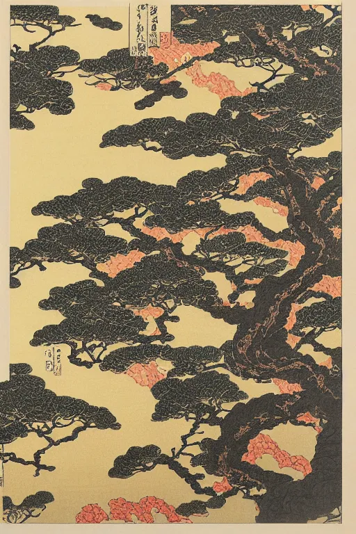 Image similar to japanese woodblock print, of a landscape by kano sanraku, james jean, takato yamamoto, mc escher in the style of nihonga, gold leaf painting, fractal art, intricate detail