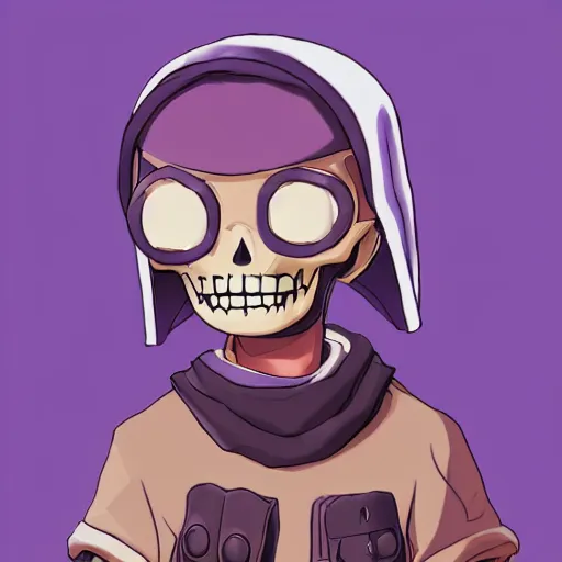 Image similar to cute little boy wearing an skull mask and dressed in an nun outfit in desert, purple color palette, artwork made in made in abyss art style, inspired in ddtank and hirohiko araki, ray tracing, soft details