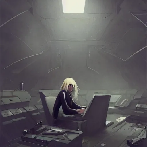 Image similar to concept art by greg rutkowski, a very tall, and slender man with messy blond hair, wearing a black sweater, sitting in the spaceship command bridge, brutalist futuristic interior, dark lighting atmosphere, detailed portraits, nostalgic atmosphere, scifi, digital painting, artstation, concept art, smooth, sharp foccus ilustration, artstation hq
