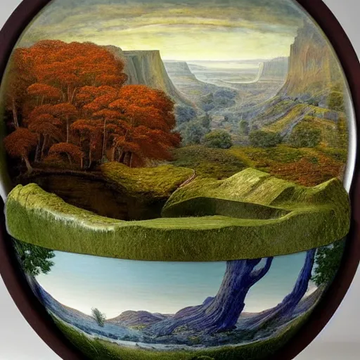 Image similar to a deep stone bowl containing a miniature landscape, surrealism, photorealistic, river and trees and hills, extremely detailed, by rob gonsalves and caspar david friedrich and clara peeters