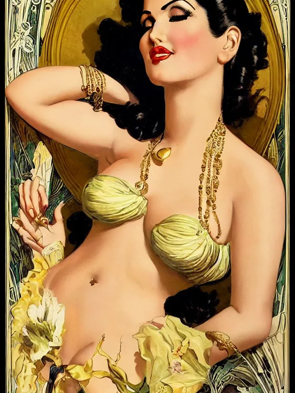 Image similar to sunny leone, a beautiful art nouveau portrait by Gil elvgren and Jim mahfood, 1920s city environment, centered composition, defined features, golden ratio, gold jewlery, photorealistic professional lighting, cinematic