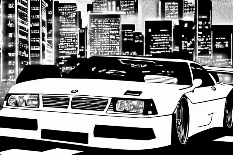 Prompt: vintage archival race footage of a single 1995 Vector W8 Twin Turbo, with elements of the BMW M1, city in anime cyberpunk style by Hayao Miyazaki
