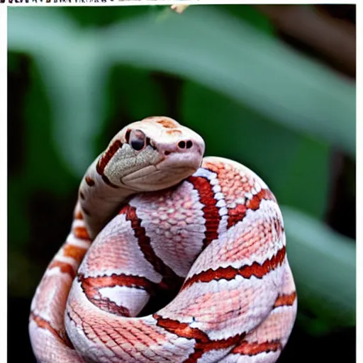 Prompt: a pink striped boa snake curled up on an ice cream cone, boa ice cream