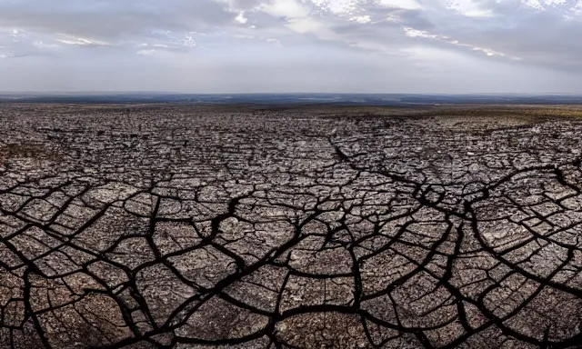 Image similar to panorama of big raindrops flying upwards into the perfect cloudless blue sky from a dried up river in a desolate land, dead trees, blue sky, hot and sunny highly-detailed, elegant, dramatic lighting, artstation, 4k, cinematic landscape, photograph by National Geographic