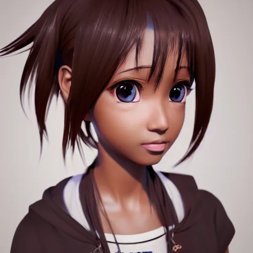 Image similar to a beautiful 3d brown anime girl, brown skin, black curly hair, Cinematic lighting, medium shot, anime masterpiece, highly detailed, Trending on artstation, unreal engine, 4k,