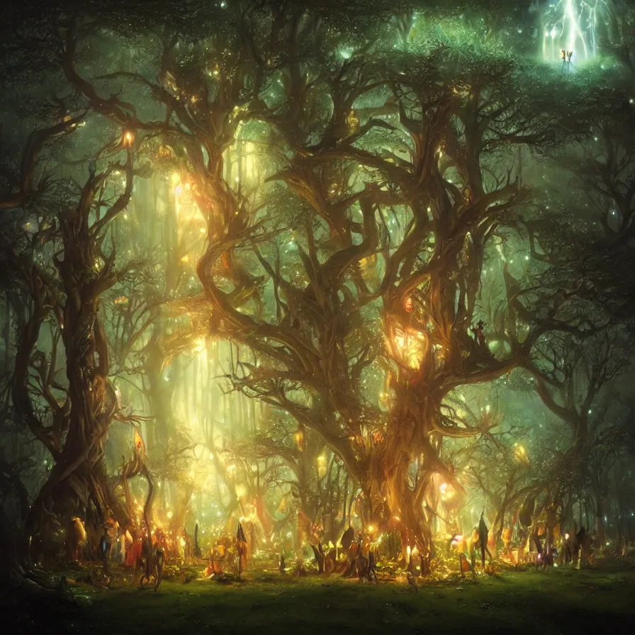 Image similar to a night carnival fairies around a magical tree, christmas lights, creatures and fantastic people disguised as fantastic creatures in a magical forest by summer night, masterpieceunderwater scene, painted by greg rutkowski and rene laloux, volumetric lightning